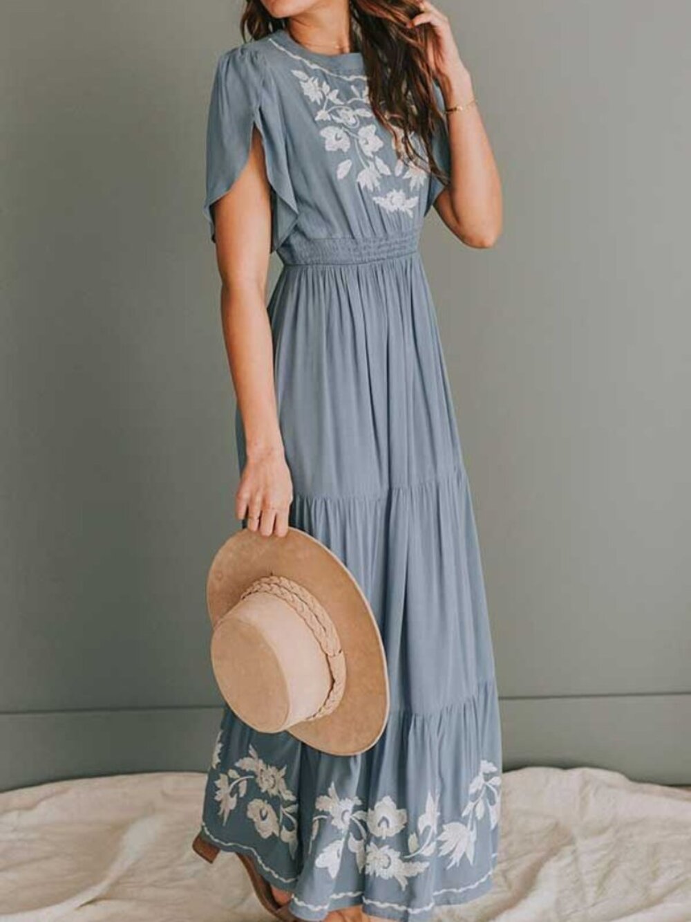 Bohme Peasant Boho Cottagecore Floral Embroidered Tiered Blue Maxi Dress